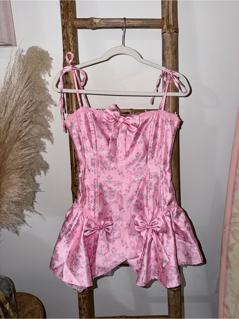 Sugar Thrillz Pink Floral Ribbon-Detail Mini Dress
